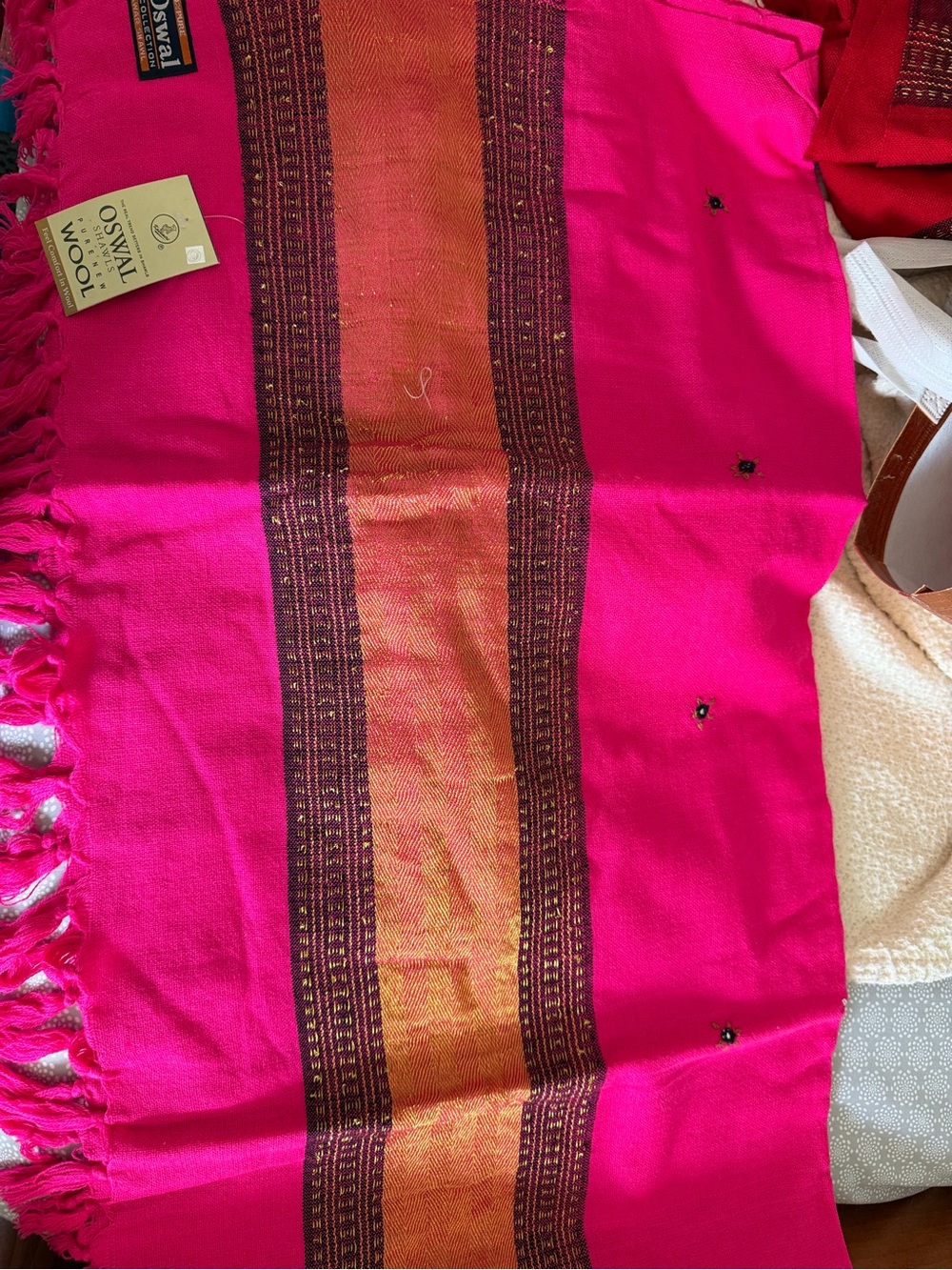 Handwoven Pink Wool Shawl with Gold Accent -